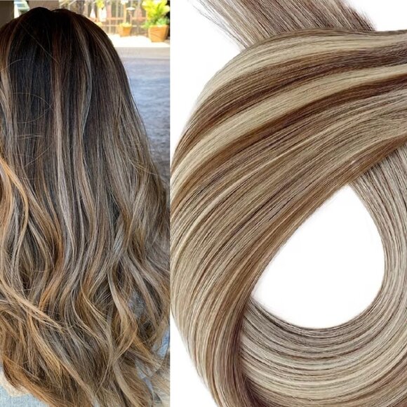 18″ Genius Wefts, 50g,100% Human Remy Highlighted Hair Extensions #4/613 - Picture 1 of 3